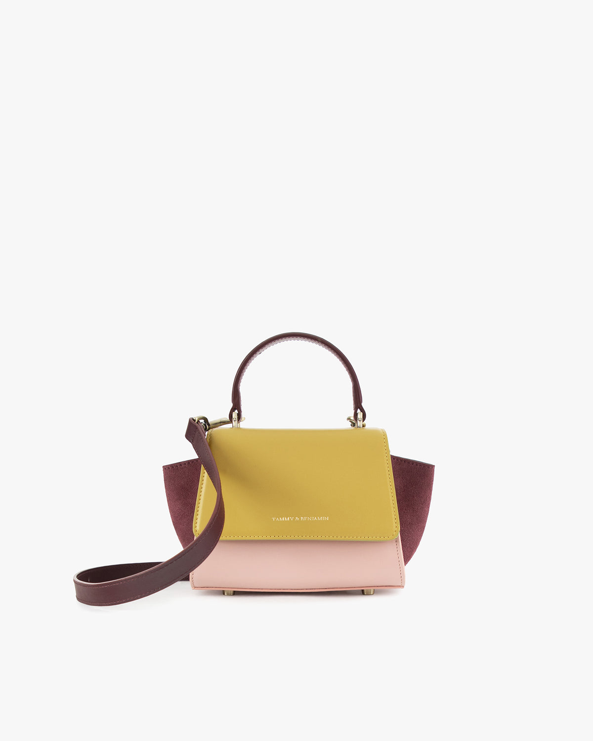 Sac ALEXIA NANO Colourblock Vesper de face, rabat jaune et rose, ailes bordeaux, poignée rigide et bandoulière