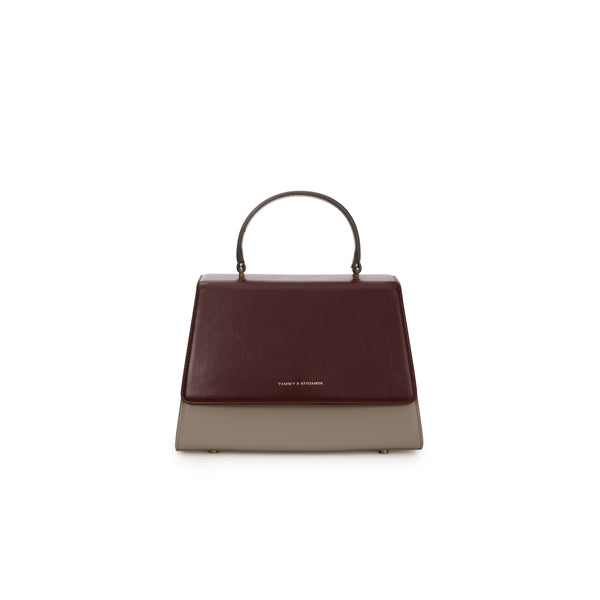 Sac ALEXIA Colourblock Stratum de face, poignée gainée, rabat bordeaux et corps taupe