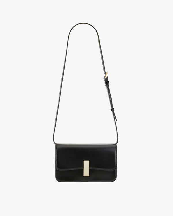BLAKE bag in Black, front view, adjustable thin strap, rectangular gold clasp