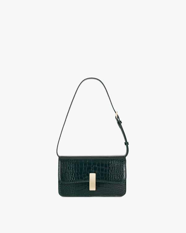 BLAKE bag in green croc-embossed leather, front view, worn crossbody with thin adjustable strap