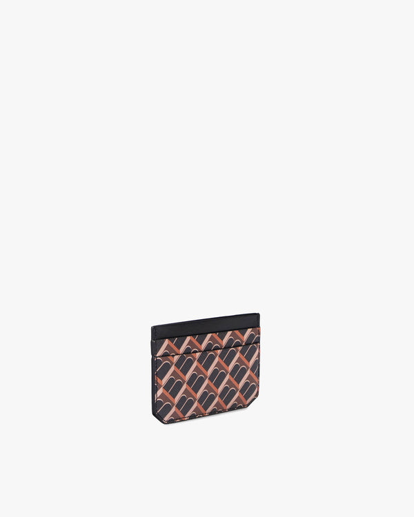 Porte-cartes CARDY brun et noir, vue de trois quarts, motif monogramme architectural, bord uni noir