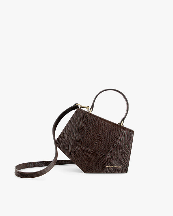 Sac PENTAGONE brun embossé lézard, vue de profil, poignée et bandoulière en cuir