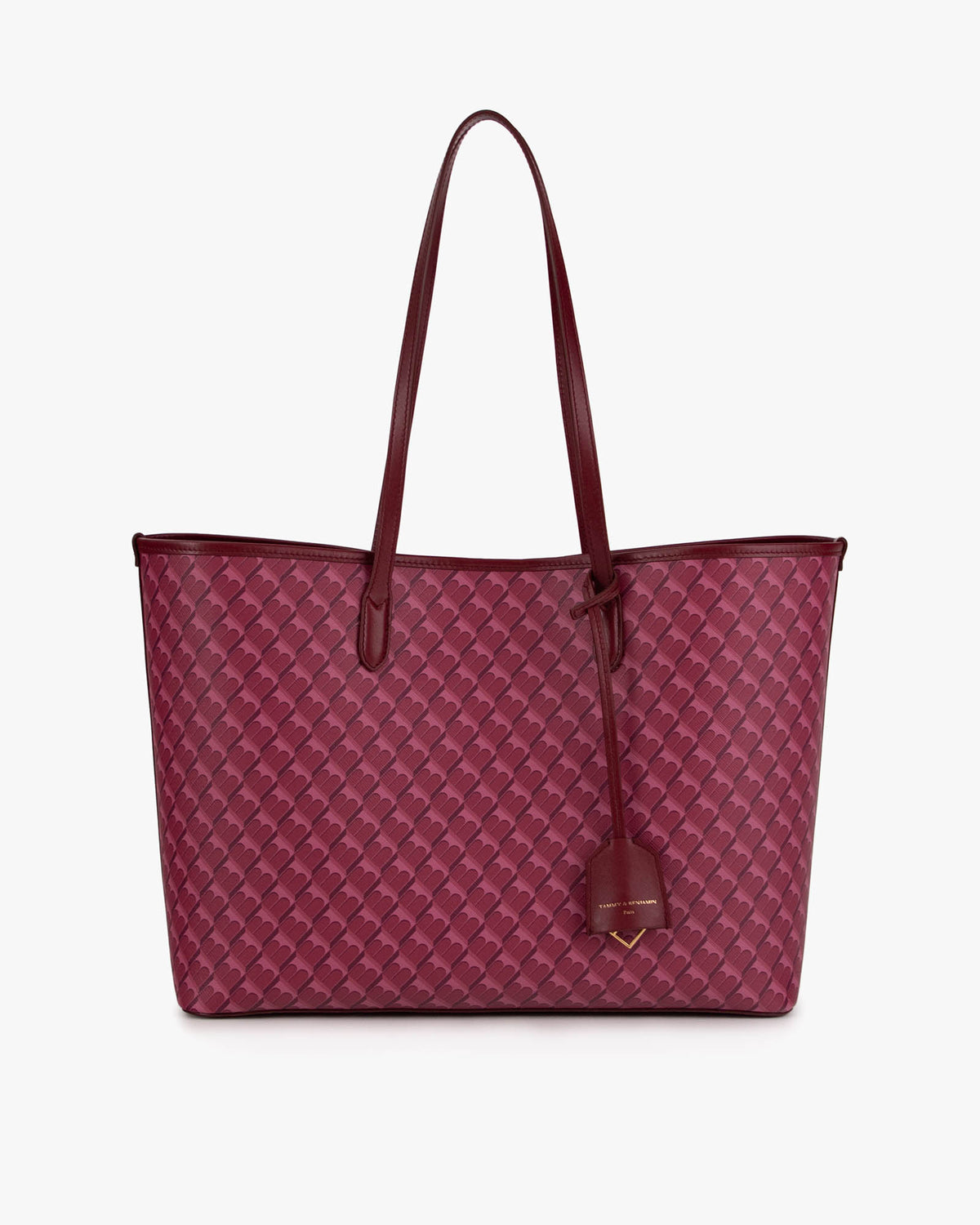 TOTE MONOGRAM Bordeaux, vue de face posé, anses longues en cuir et porte-adresse