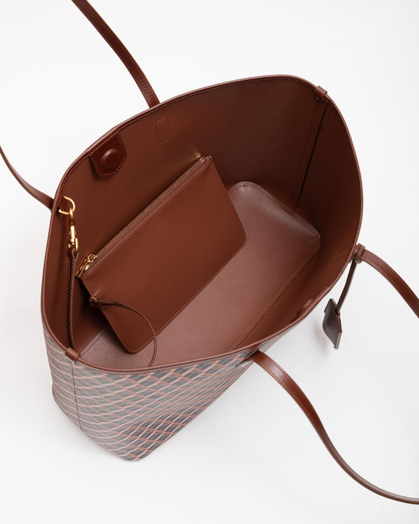 TOTE MONOGRAM Brun, vue intérieure ouverte avec pochette zippée amovible et petite pochette assortie