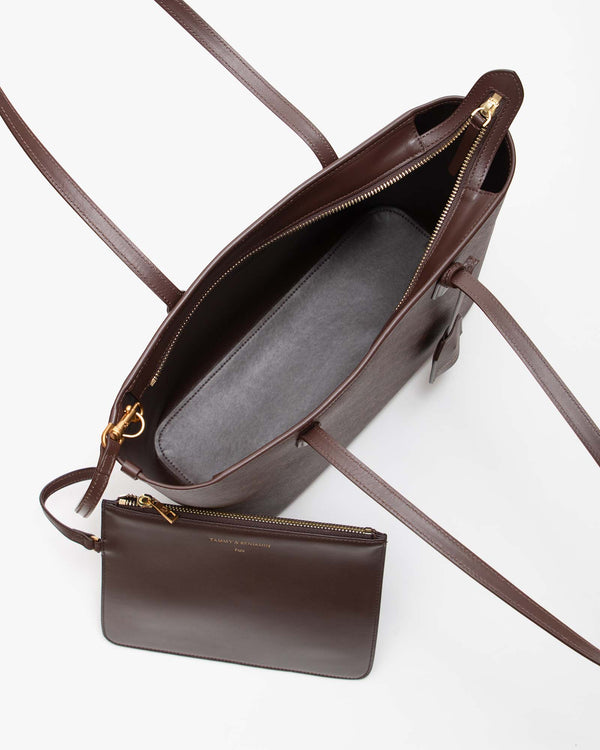 TOTE MONOGRAM Chocolat ouvert, pochette intérieure zippée amovible et doublure visibles