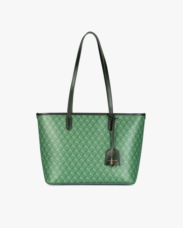 Sac TOTE MONOGRAM PM vert, vue de face, anses posées, porte-étiquette en cuir visible