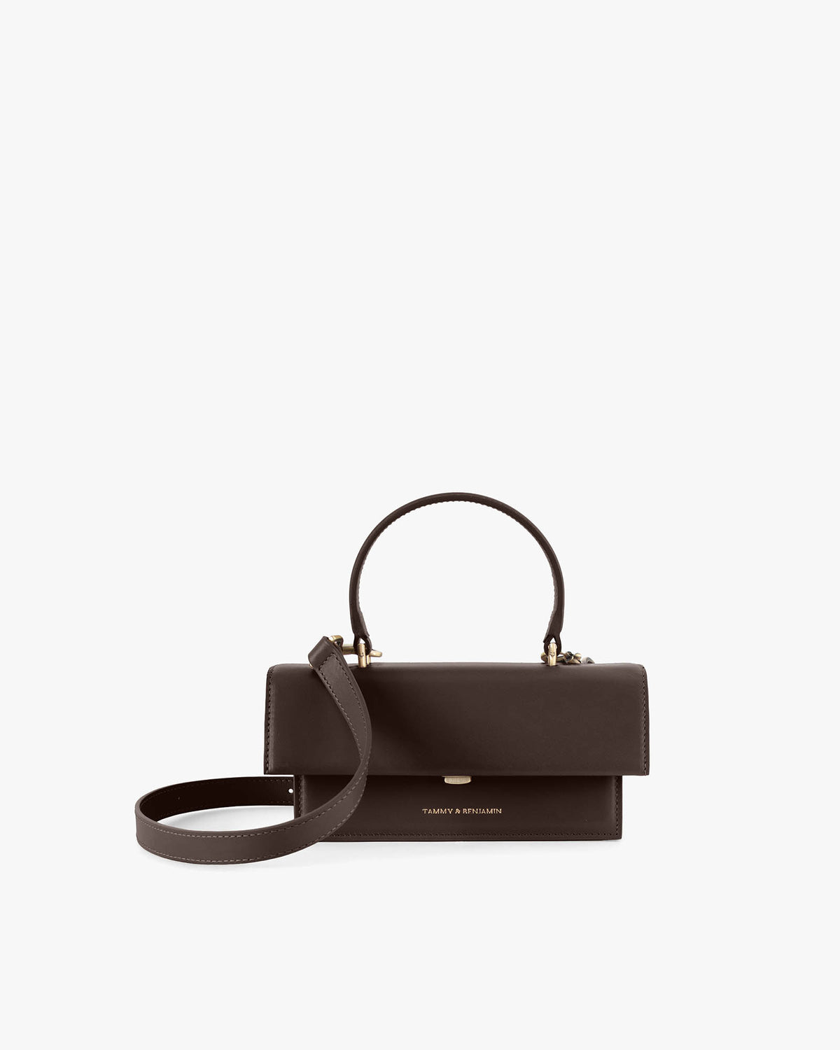 Sac THEA MINI Chocolat de face, rabat fermé, anse courte et bandoulière amovible détachée