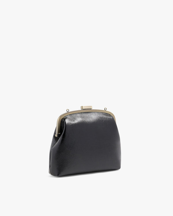 EMMA bag in black naplak, three-quarter view, metal frame clasp, without strap