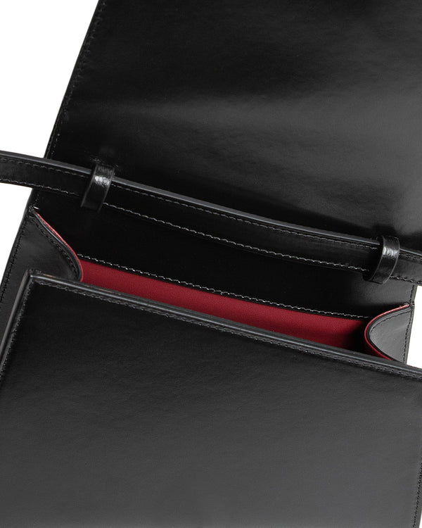 TARA bag in Black, open view showing inner pocket and burgundy lining