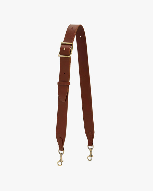 Bandoulière ajustable large brune, vue d'ensemble avec boucle laiton et mousquetons