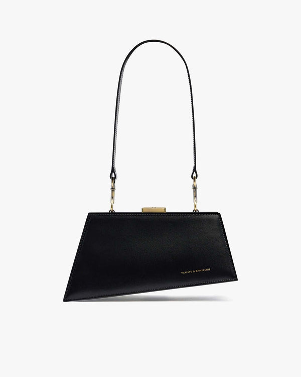 JAY black bag, front view, worn on the shoulder, gold clasp and hanging strap