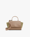 Sac ALEXIA beige, vue de face, poignée courte et bandoulière amovible, ailes latérales kaki