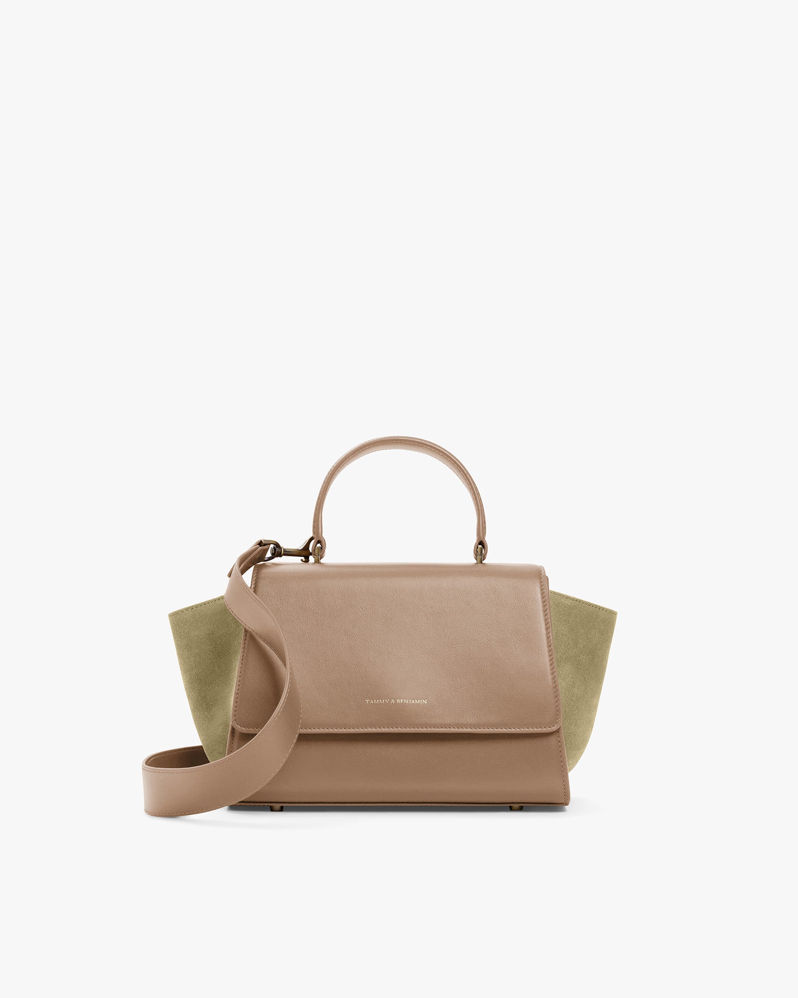 Sac ALEXIA beige, vue de face, poignée courte et bandoulière amovible, ailes latérales kaki