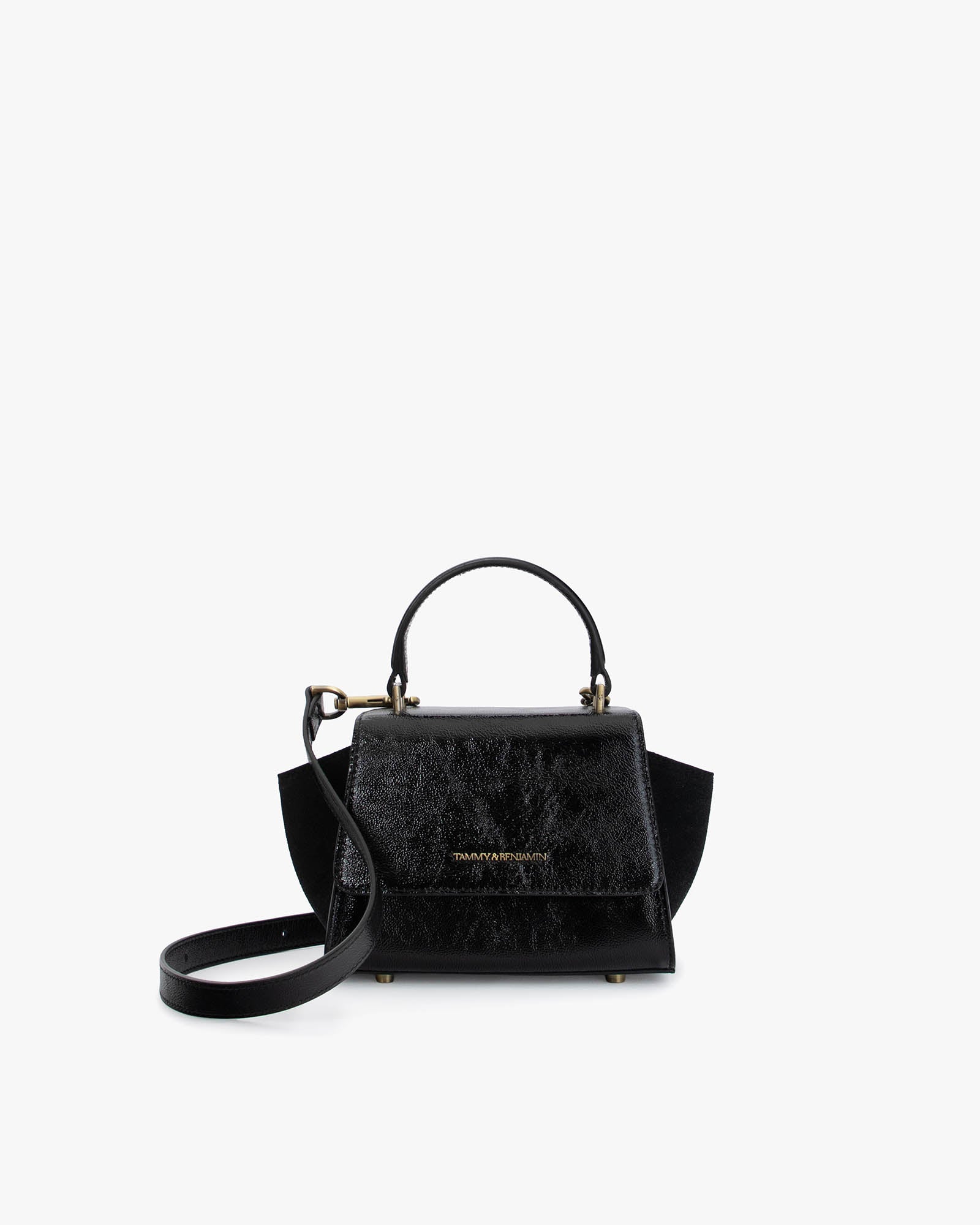 ALEXIA NANO bag in black naplak, front view with top handle and suede side wings