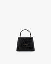 ALEXIA NANO bag in black naplak, front view, standing, with gathered handle