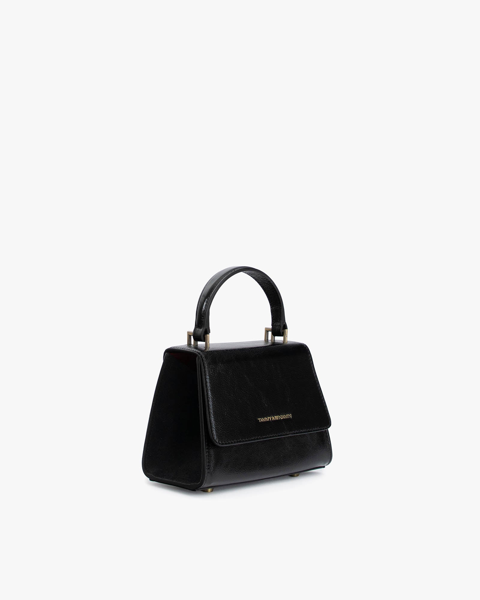 ALEXIA NANO bag in black naplak, three-quarter view, standing, top handle
