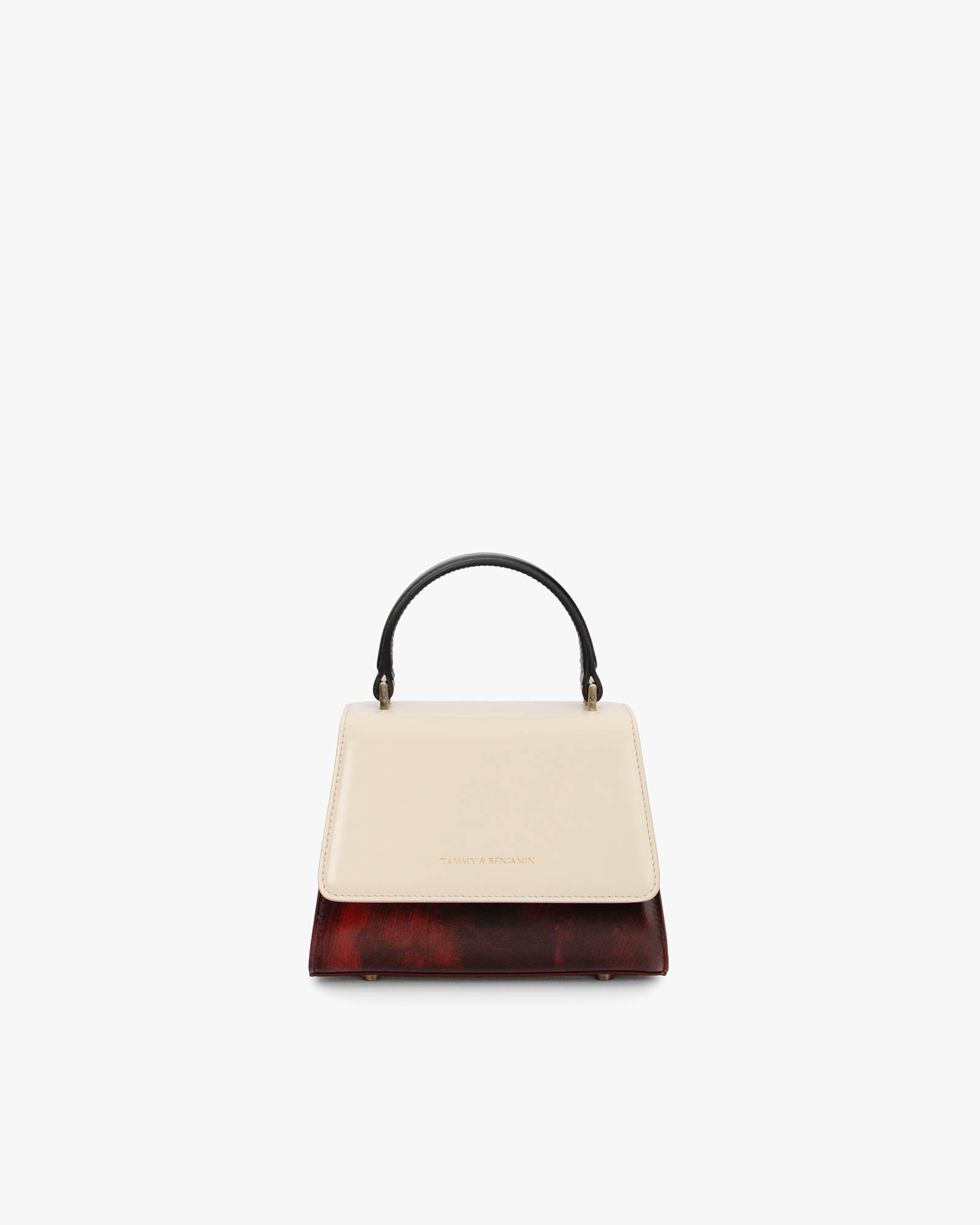 Sac ALEXIA NANO Colourblock art déco de face, poignée noire, rabat écru et base effet tortue