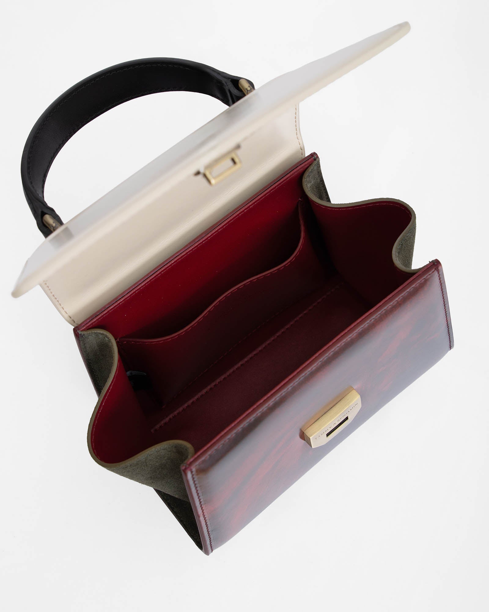 Sac ALEXIA NANO Colourblock art déco, vue de dessus ouvert, intérieur bordeaux et poches plaquées visibles