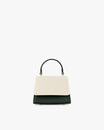 Sac ALEXIA NANO Colourblock Canopé vu de face, rabat crème et corps vert foncé, poignée noire rigide