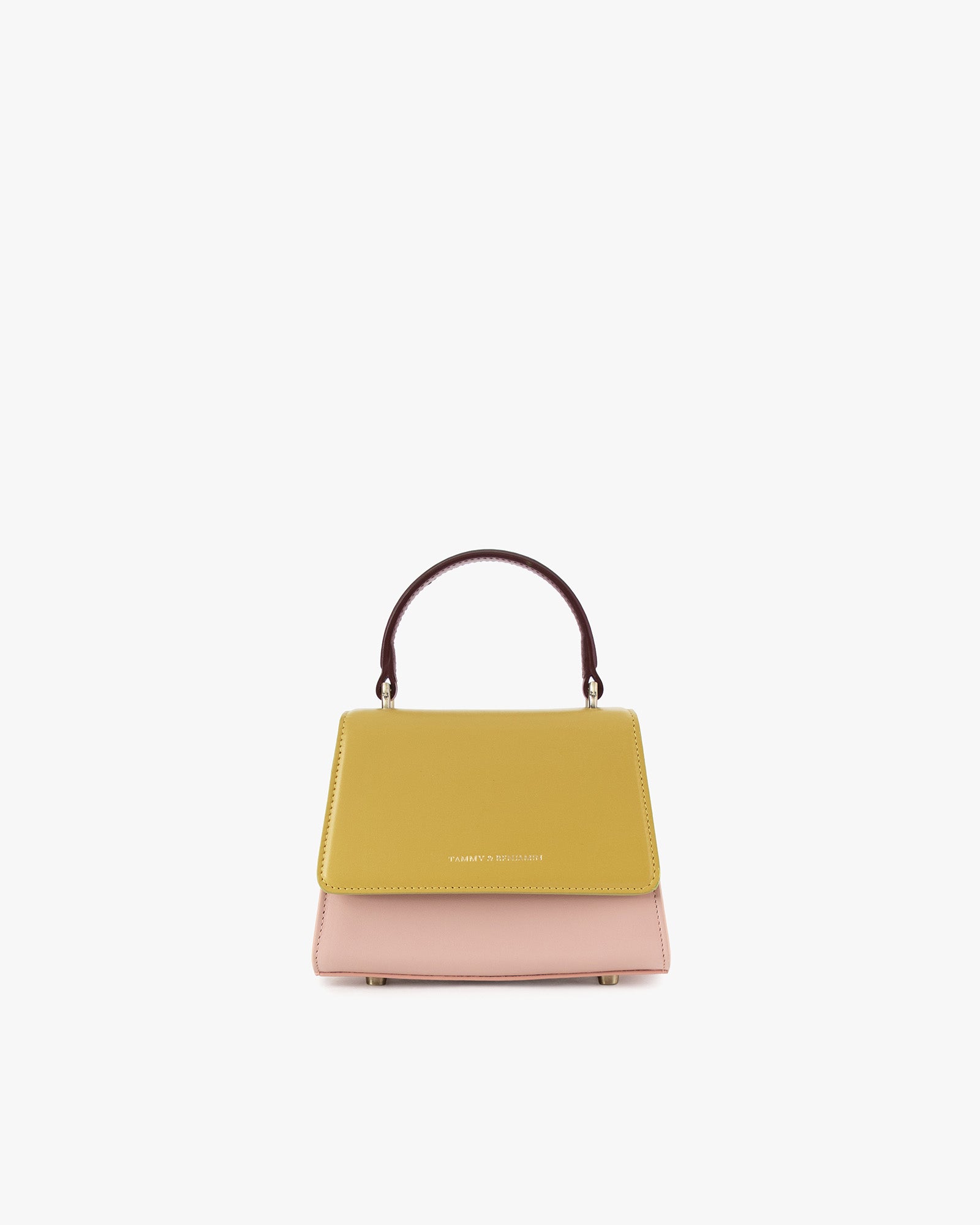 Sac ALEXIA NANO Colourblock Vesper de face, rabat jaune moutarde, corps rose, poignée bordeaux