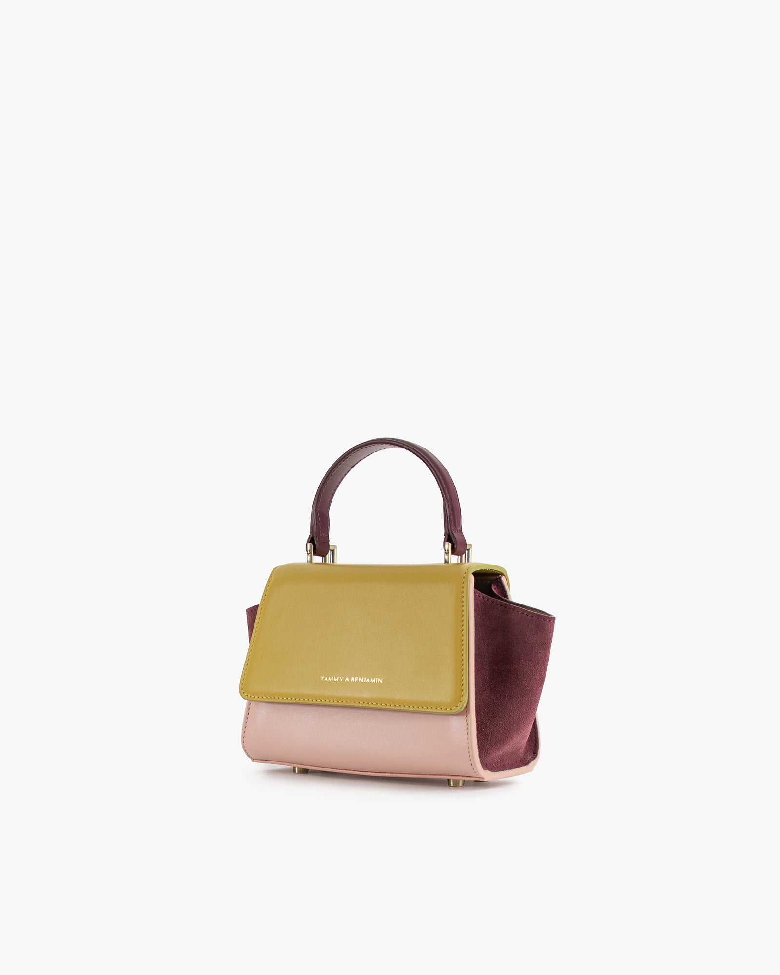Sac ALEXIA NANO Colourblock Vesper de trois quarts, ailes latérales déployées, poignée rigide bordeaux