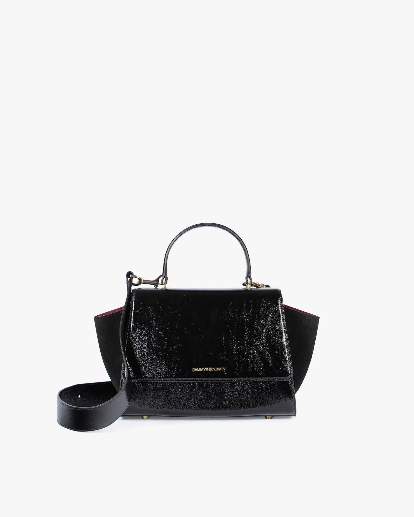 ALEXIA bag in black naplak, front view with top handle and detachable strap laid flat