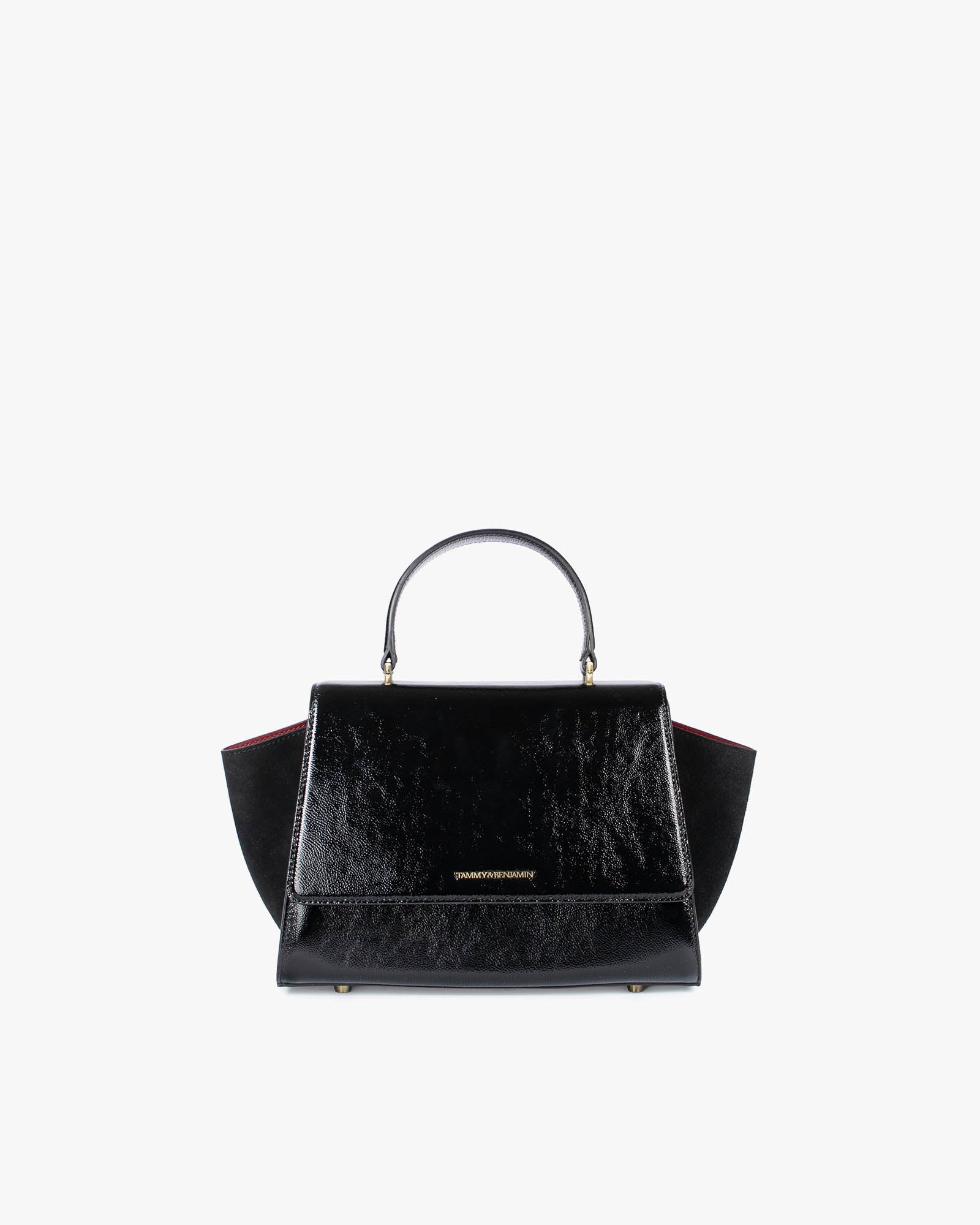 ALEXIA bag in black naplak, front view, gathered handle, side wings tucked in