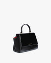 ALEXIA black naplak, three-quarter back view, side wing tucked in, top handle and gold logo visible