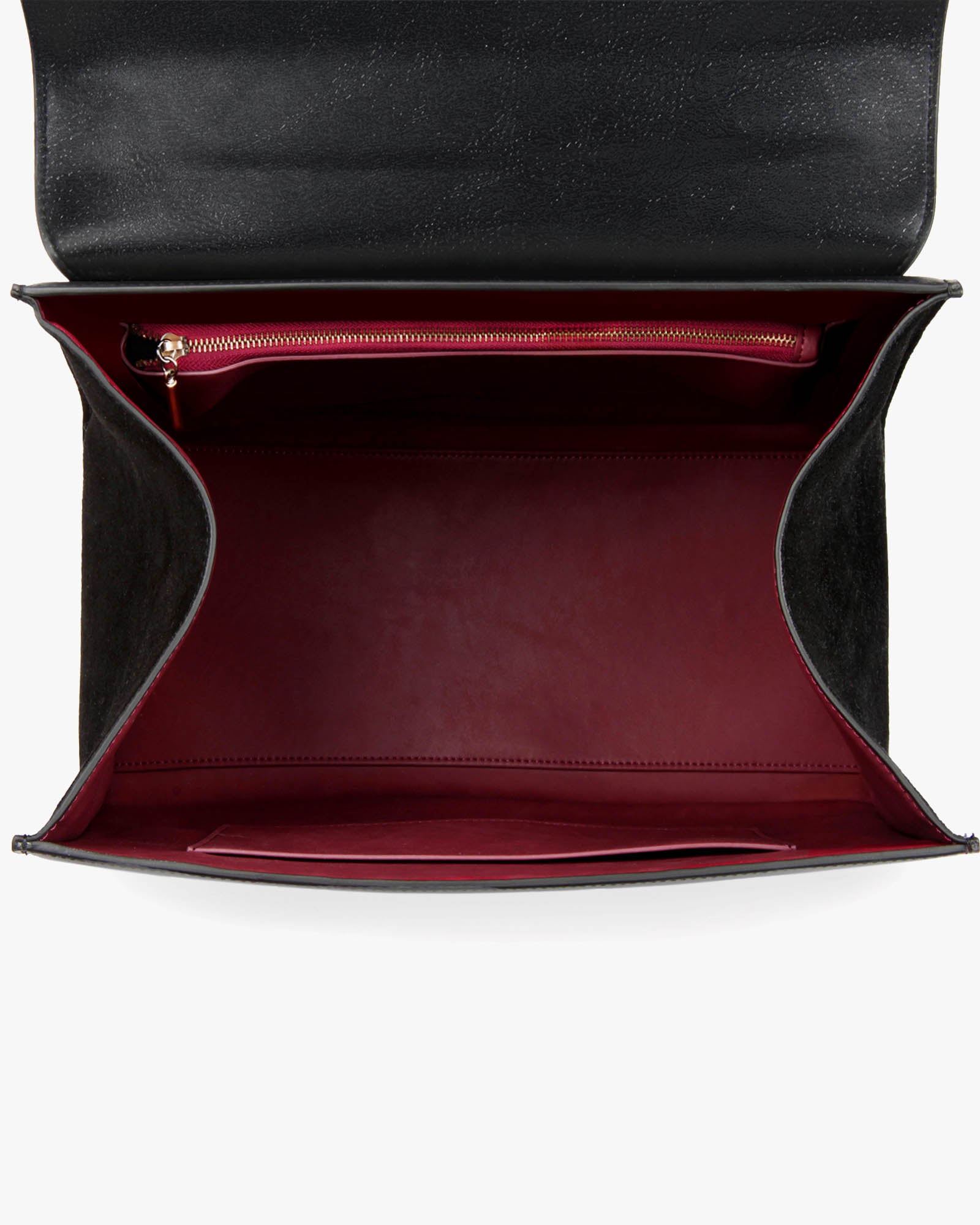 ALEXIA bag in black naplak, open interior view, flap lifted, zip pocket and burgundy lining