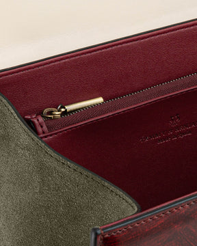 Sac ALEXIA Colourblock art déco, vue intérieur ouvert, doublure bordeaux, poche zippée et empiècement daim kaki