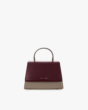ALEXIA bag in Colourblock Stratum, front view, top handle, burgundy flap and taupe body