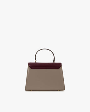 ALEXIA bag in Colourblock Stratum, front view, top handle, burgundy flap and taupe body
