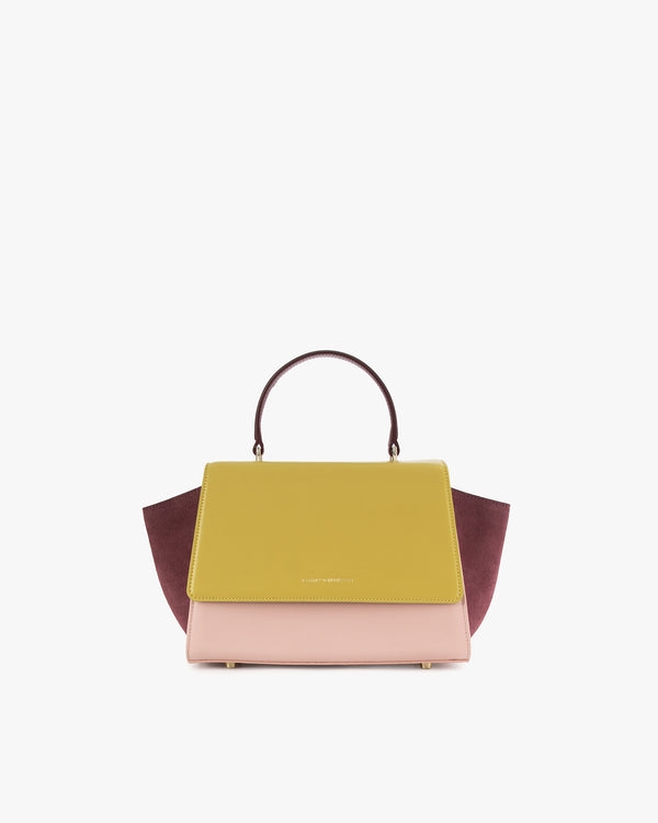ALEXIA bag in Colourblock Vesper, front view, top handle, burgundy suede side wings