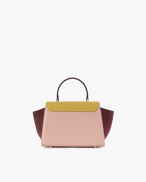 Sac ALEXIA Colourblock Vesper de face, poignée gainée, ailes latérales en daim bordeaux déployées