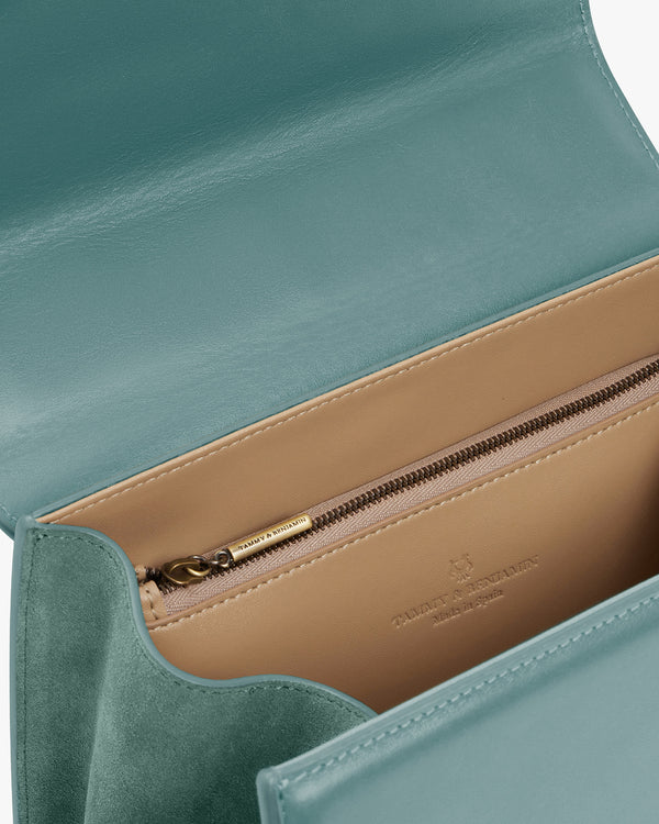 Sac ALEXIA Turquoise, vue intérieure, rabat ouvert sur doublure beige et poche zippée