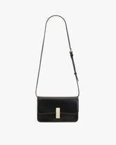 BLAKE bag in Black, front view, adjustable thin strap, rectangular gold clasp