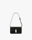 BLAKE bag in Black, front view, resting, with gold rectangular clasp and thin adjustable strap