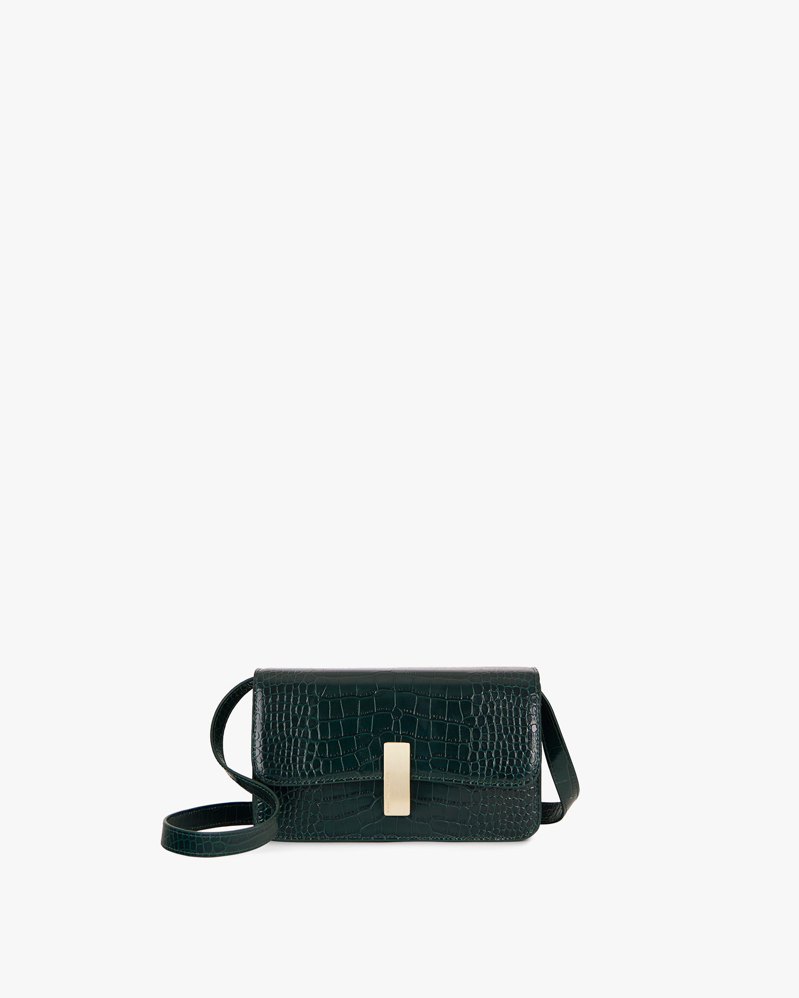 Sac BLAKE vert embossé crocodile, vue de face avec fermoir doré et bandoulière réglable