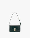 Sac BLAKE vert embossé crocodile, vue de face, porté en bandoulière avec anse fine réglable