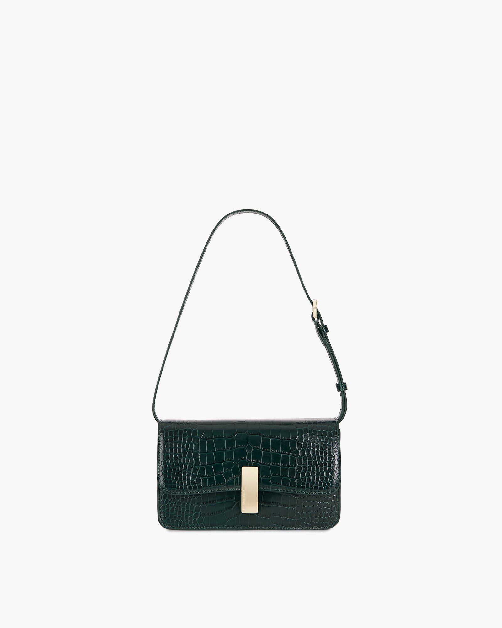 Sac BLAKE vert embossé crocodile, vue de face, porté en bandoulière avec anse fine réglable
