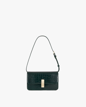 Sac BLAKE vert embossé crocodile, vue de face, porté en bandoulière avec anse fine réglable