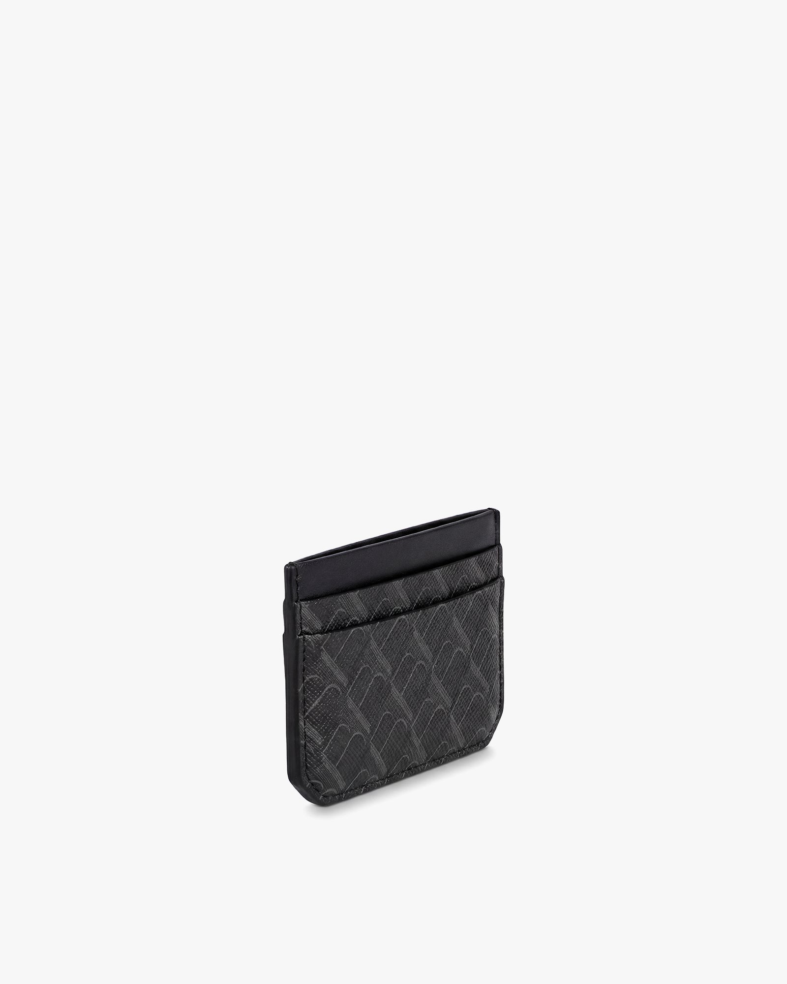 Porte-cartes CARDY noir monogram, vue de trois-quarts posée, toile Marble Arch et cuir nappa
