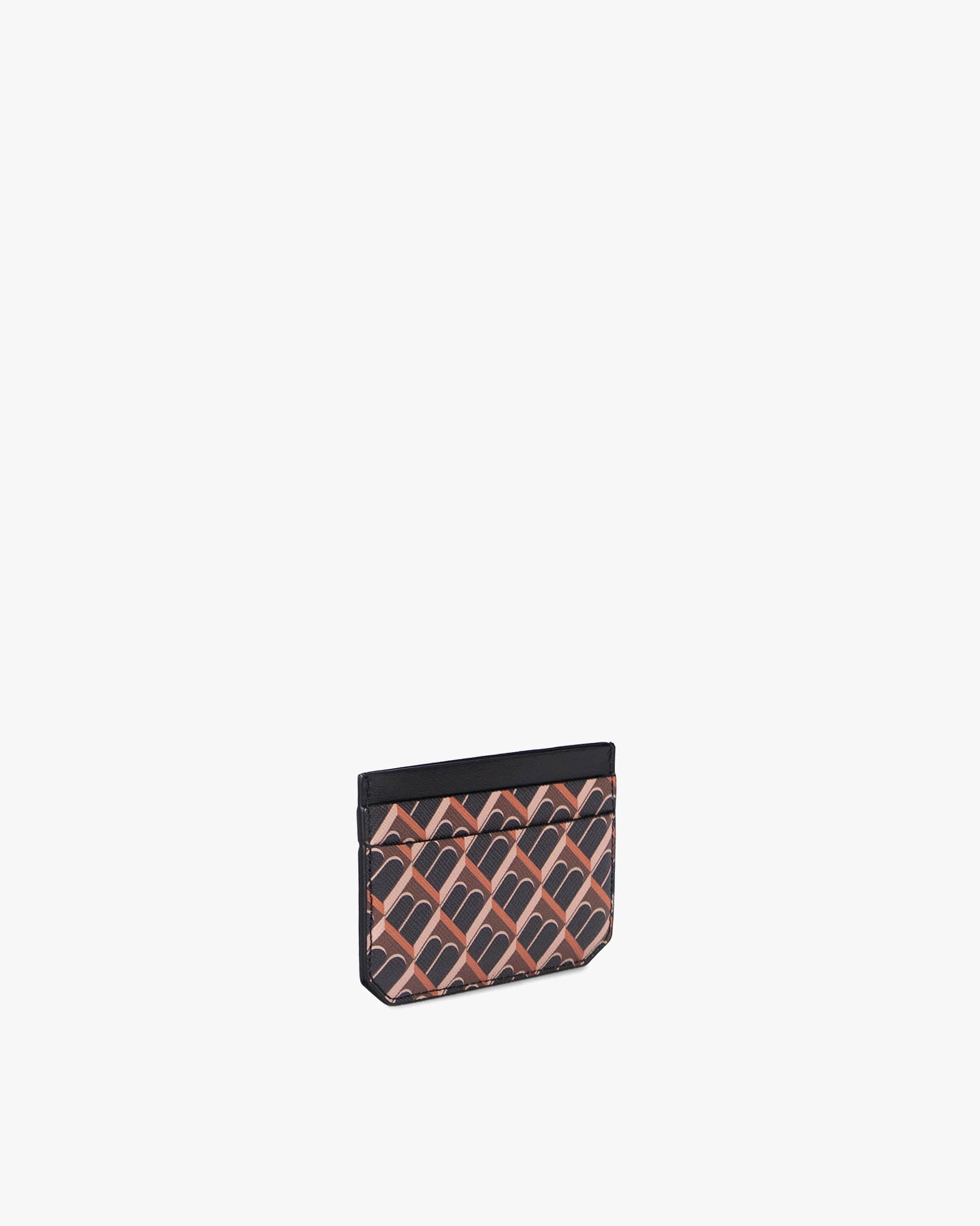 Porte-cartes CARDY brun et noir, vue de trois quarts, motif monogramme architectural, bord uni noir