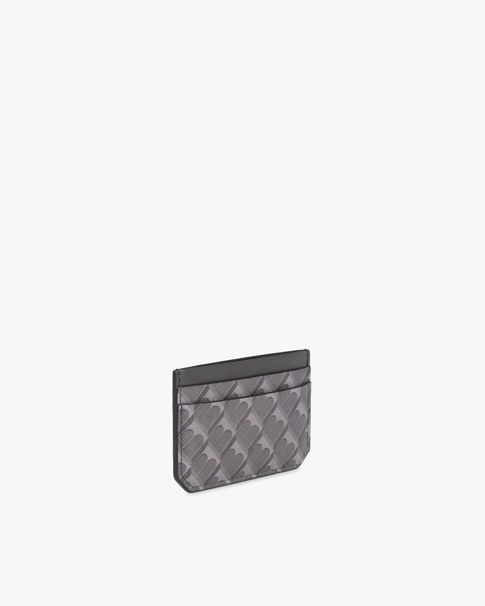 Porte-cartes CARDY gris, vue de trois quarts, motif monogramme en toile enduite et cuir nappa