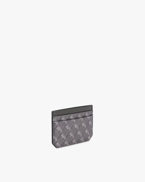 Porte-cartes CARDY gris, vue de trois quarts, motif monogramme en toile enduite et cuir nappa