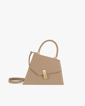 Sac CUBIST Beige de profil, fermoir rectangulaire doré, anse rigide et bandoulière fine détachée