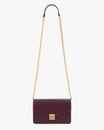 ELEANOR bag in Aubergine, laid flat with gold chain extended, Marble Arch clasp visible