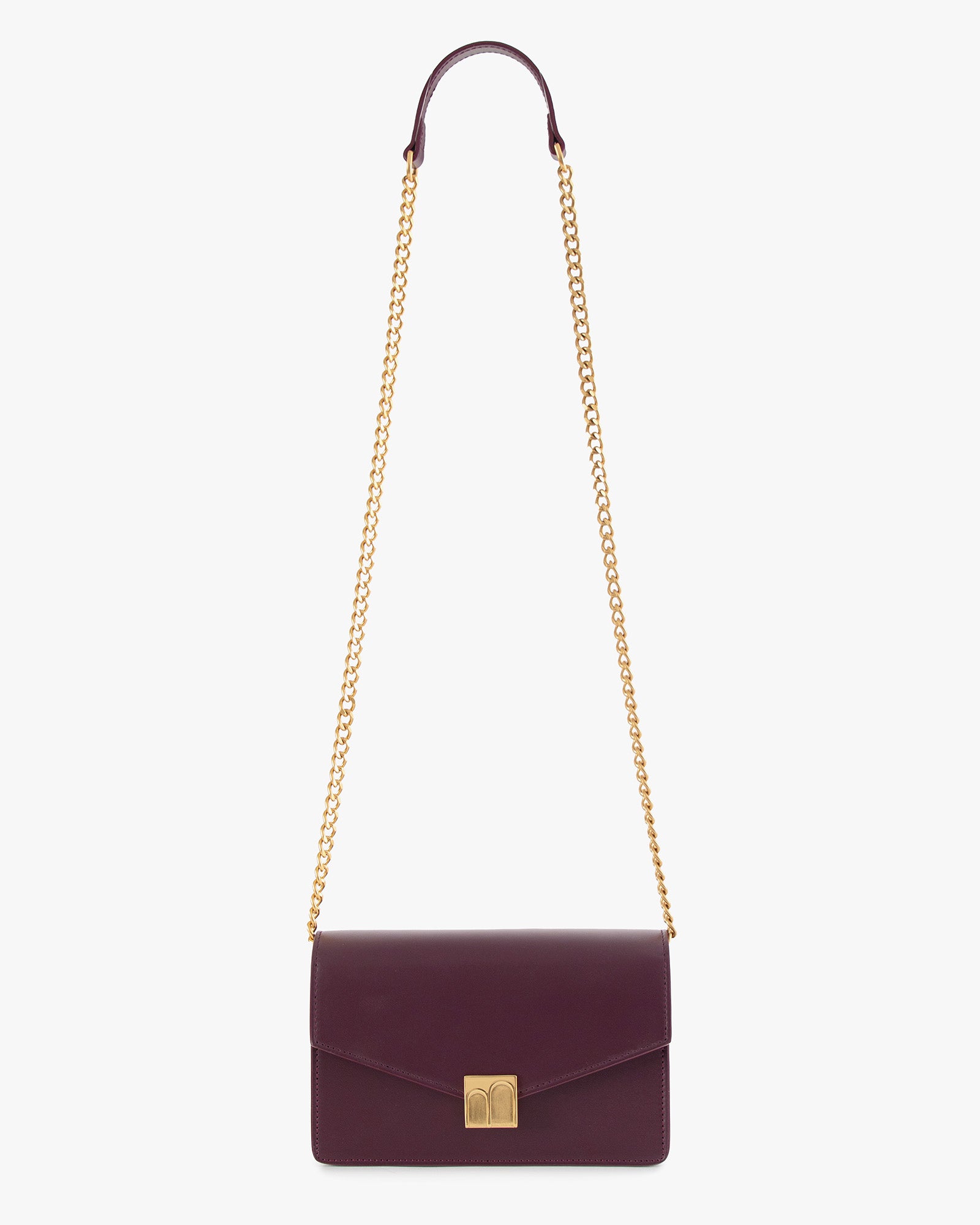 ELEANOR bag in Aubergine, laid flat with gold chain extended, Marble Arch clasp visible