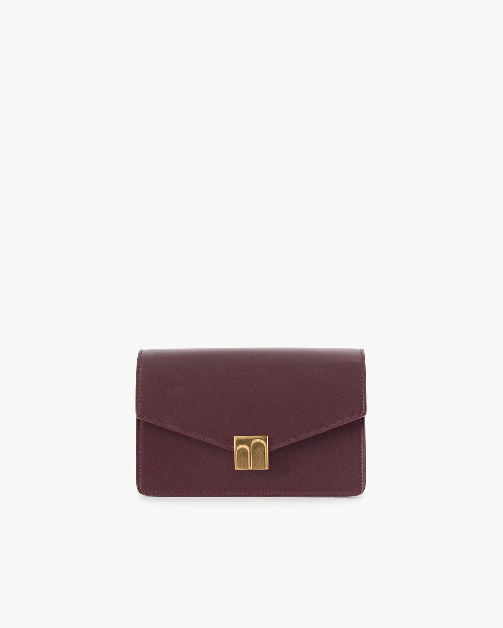 ELEANOR bag in Aubergine, front view, gold Marble Arch clasp, standing