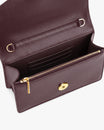 ELEANOR bag in Aubergine, open view showing card holder, zip pocket and gold clasp